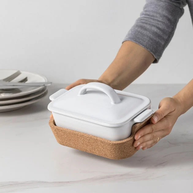 Ensemble Gift Rectangular Covered Casserole with Cork Tray 10" - White