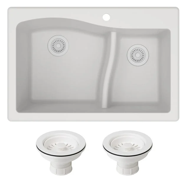 Quarza 33" 60/40 Double Bowl Granite Dual-Mount Kitchen Sink and Strainers