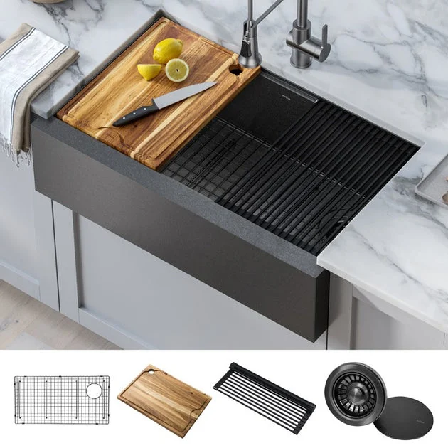 Kore Workstation 33" Single Bowl 16-Gauge Stainless Steel Flat Apron-Front Kitchen Sink with Accessories