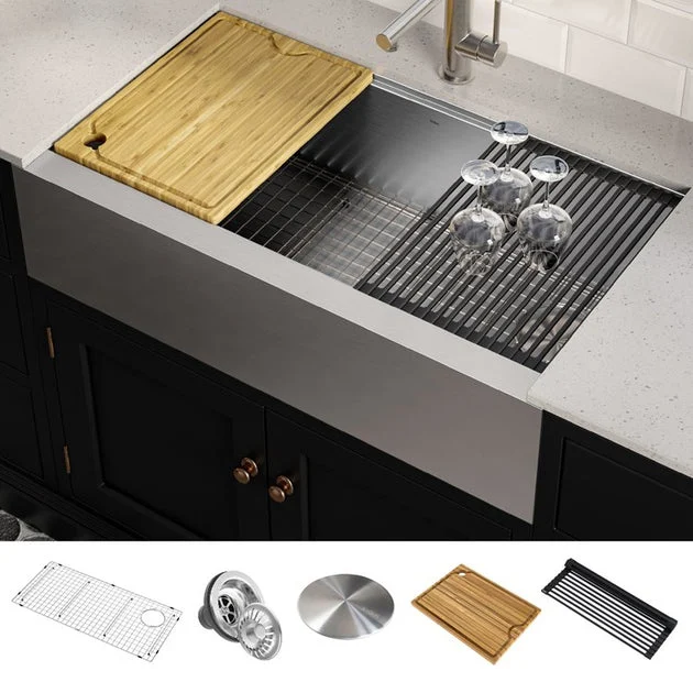 Kore Workstation 36" Single Bowl 16-Gauge Stainless Steel Flat Apron-Front Kitchen Sink with Accessories (Pack of 5)