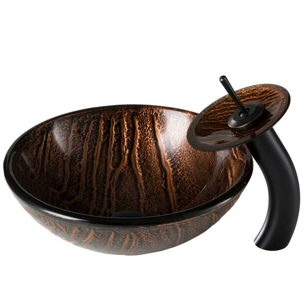 Nature Series Brown Glass Bathroom Vessel Sink and Waterfall Faucet Combo Set with Disk and Pop-Up Drain