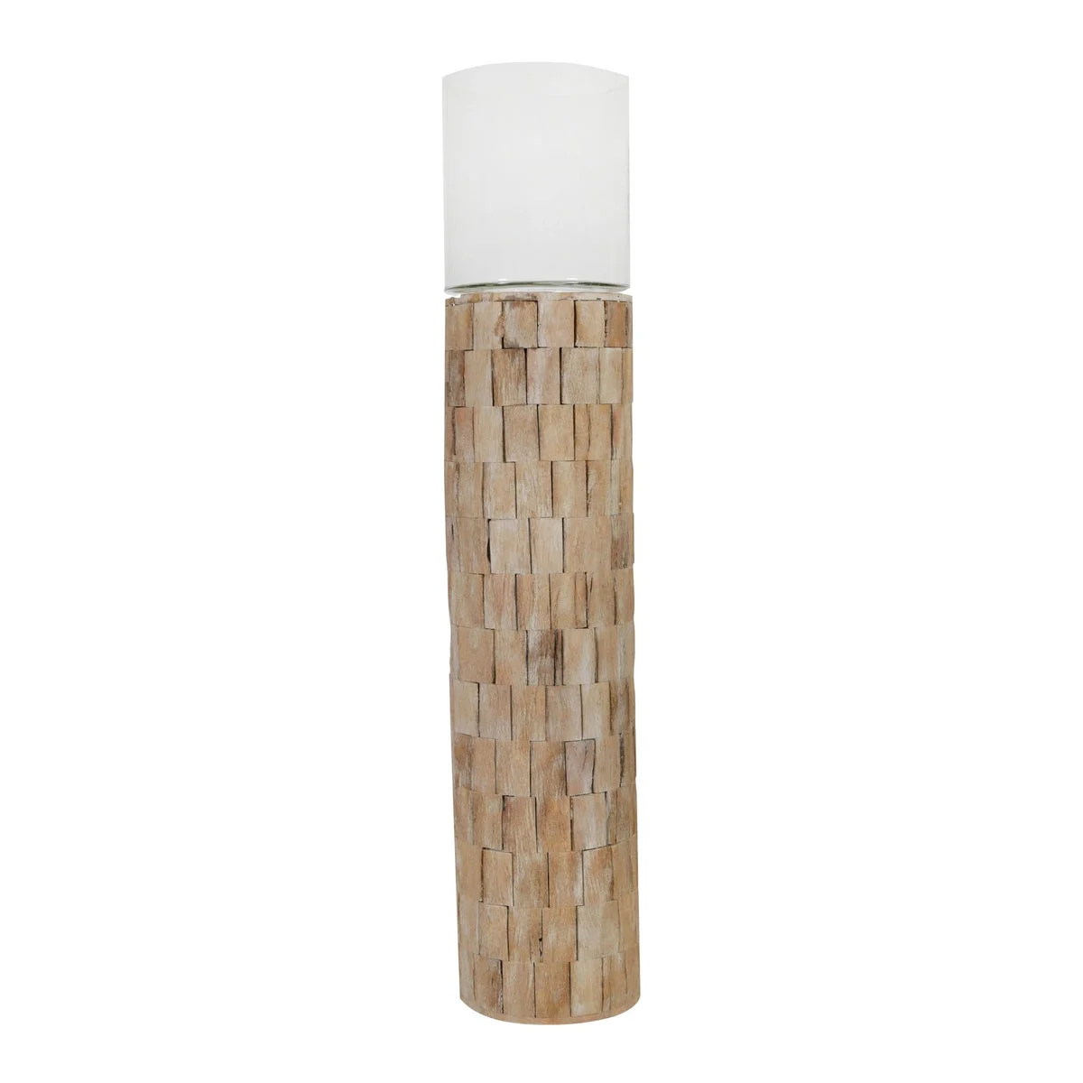 Benzara 49 Inch Wood and Glass Mosaic Pattern Candle Holder, Brown and White