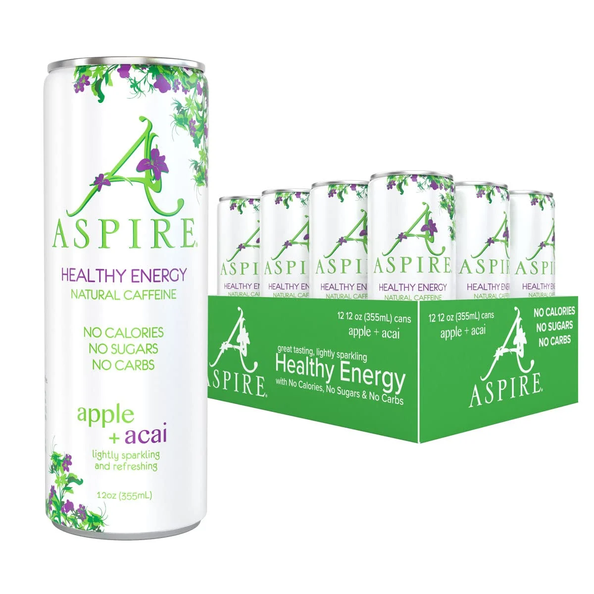 Aspire Healthy Energy Drink, Apple Acai (Pack of 12) 12 oz Cans, Natural Caffeine and Zero Sugar, Coffee Substitute, Vitamins B & C, Keto, Vegan, and Kosher Friendly