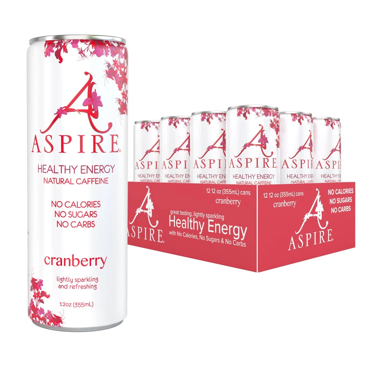Aspire Healthy Energy Drink, Cranberry (Pack of 12) 12 oz Cans, Natural Caffeine and Zero Sugar, Coffee Substitute, Vitamins B & C, Keto, Vegan, and Kosher Friendly