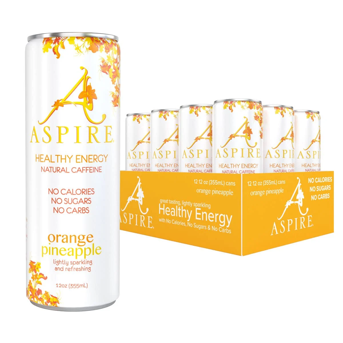 Aspire Healthy Energy Drink, Orange Pineapple (Pack of 12) 12 oz Cans, Natural Caffeine and Zero Sugar, Coffee Substitute, Vitamins B & C, Keto, Vegan, and Kosher Friendly