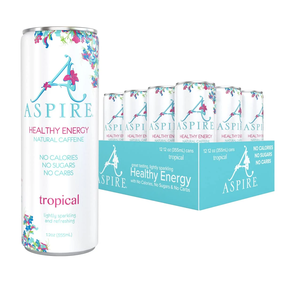 Aspire Healthy Energy Drink, Tropical (Pack of 12) 12 oz Cans, Natural Caffeine and Zero Sugar, Coffee Substitute, Vitamins B & C, Keto, Vegan, and Kosher Friendly