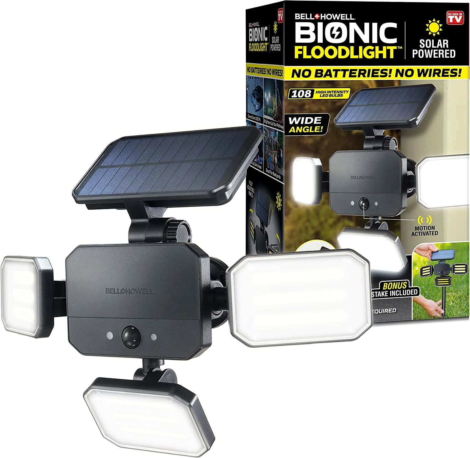 BELL + HOWELL  110-Degree 250-Lumen Black Solar LED Outdoor Motion-Activated Flood Light – Bionic Floodlight 180 Degrees Swiveling Light  with Motion Sensor LED 108 High Power LED Bulbs Adjustable Panels for Garden Patio As Seen On TV