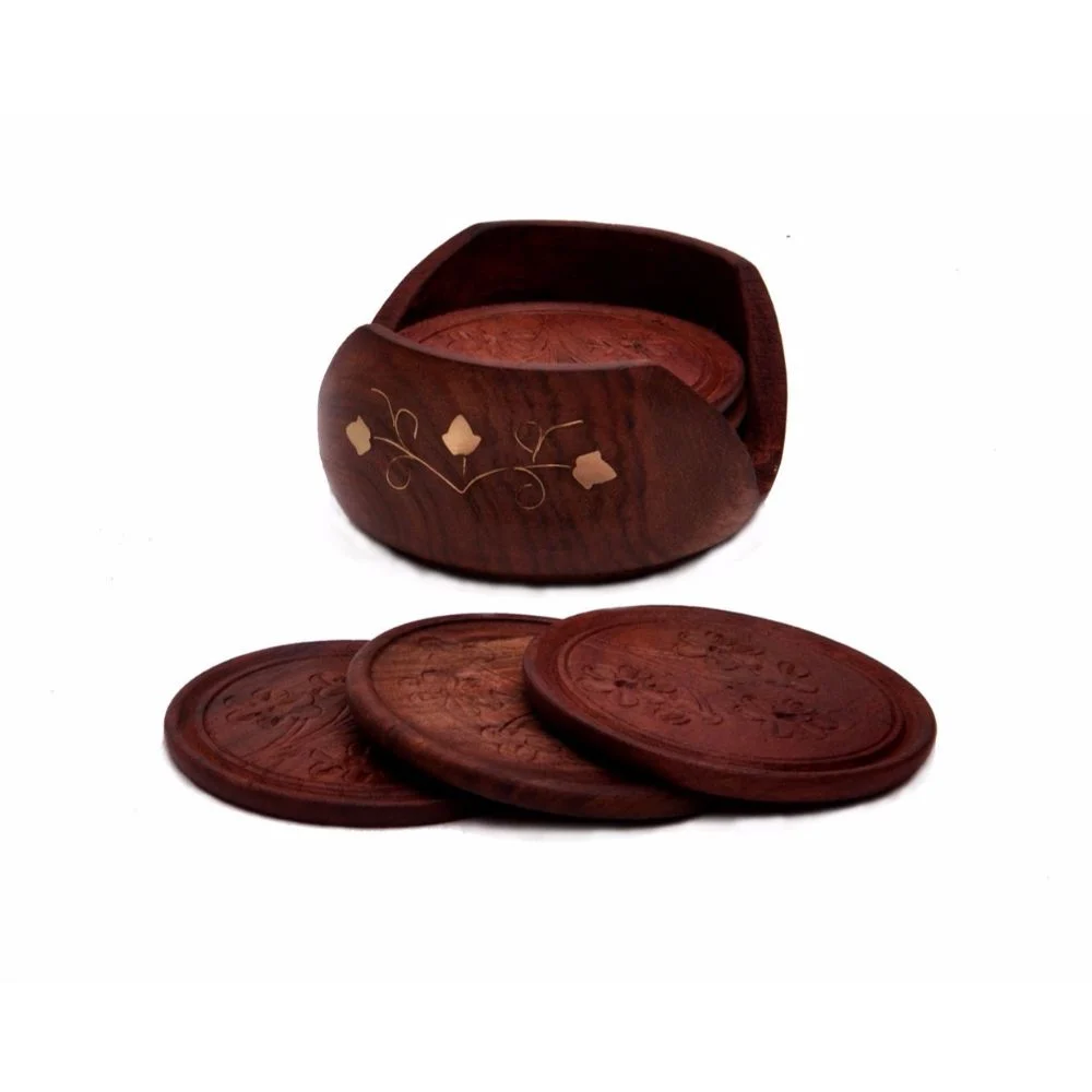 Benzara Handmade Wooden Coasters with Holder in RoseWood, Set of 6, Brown