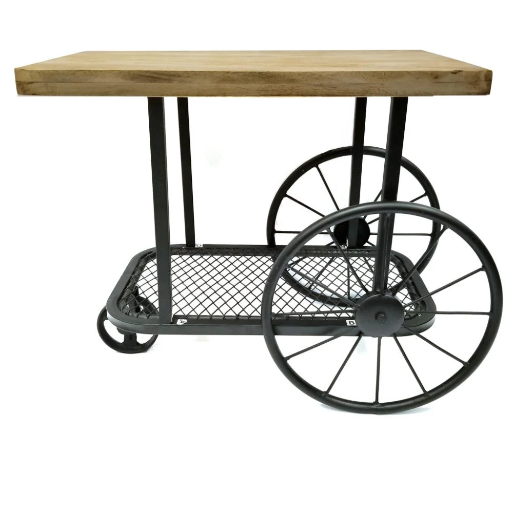Benzara Industrial Design End Table With Wooden Top and Metal Wheels Base, Black and Brown