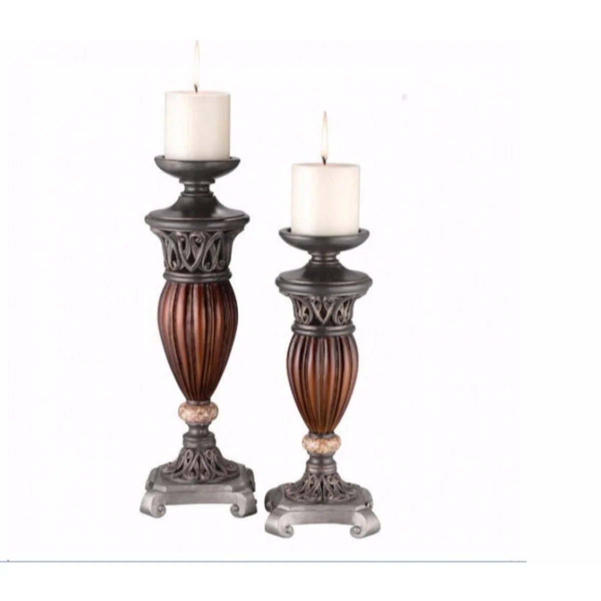 Benzara Luna Traditional Candle Holder Set, Glossy Brown, Pack of 4