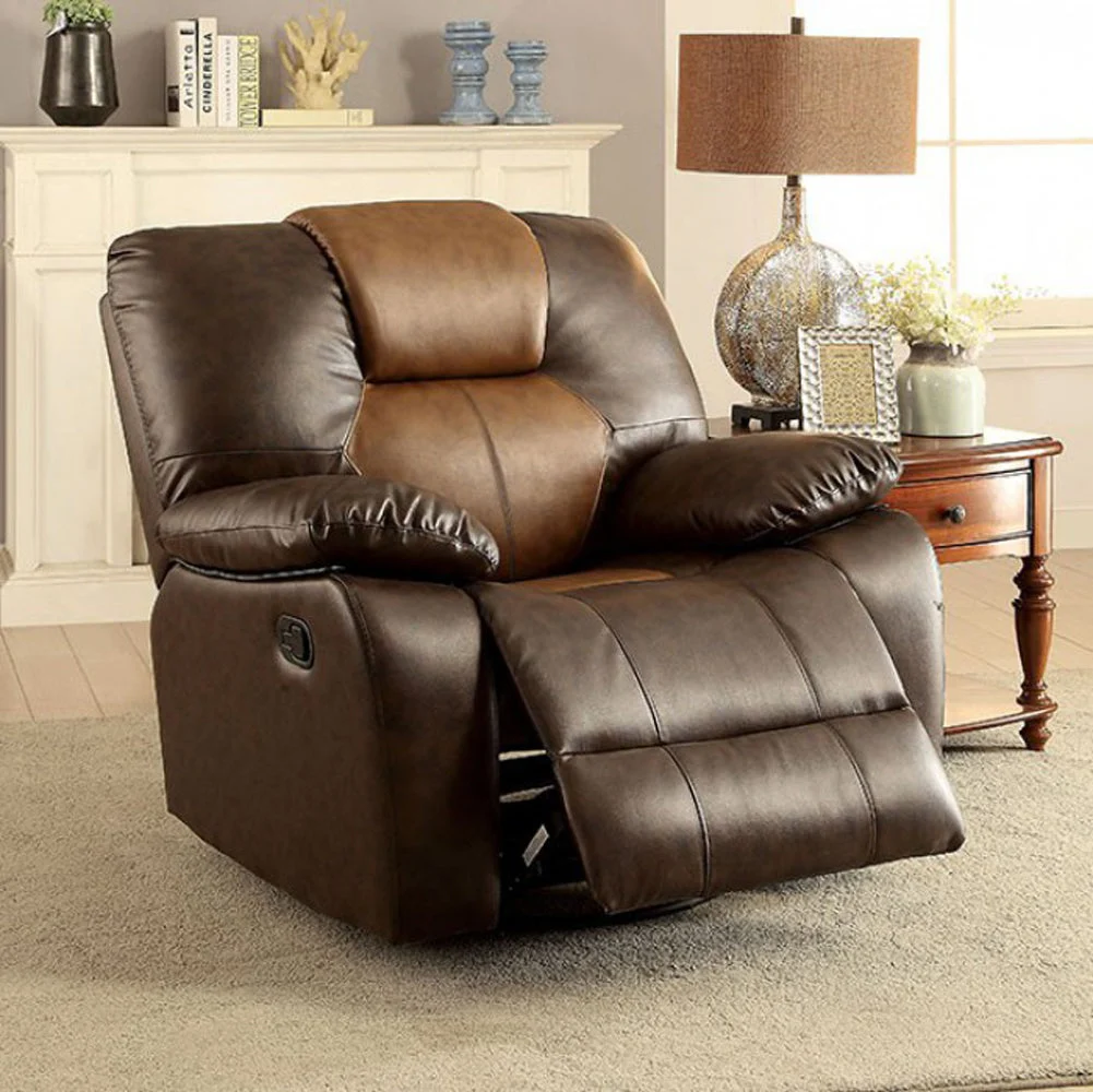 Benzara Pollux Transitional Swivel Glider Recliner, Dark Brown & Light Brown Finish