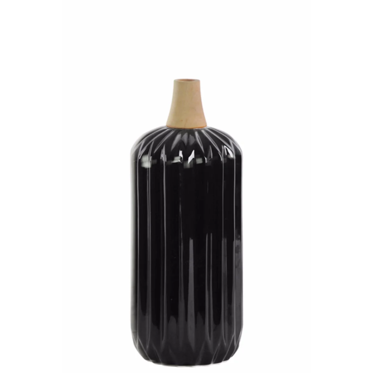 Cylindrical Moluccan Vase with Ribbed Design Body Small Black Benzara