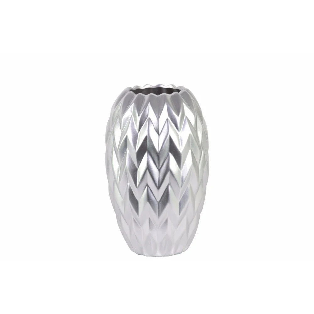 Round Vase Embossed Wave Design and Rounded Bottom Small Silver Benzara