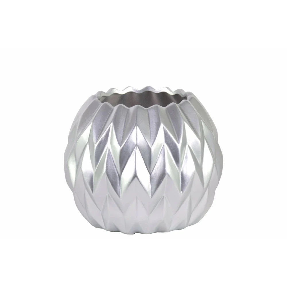 Round Low Vase with Uneven Lip, Wave Design Small Silver Benzara
