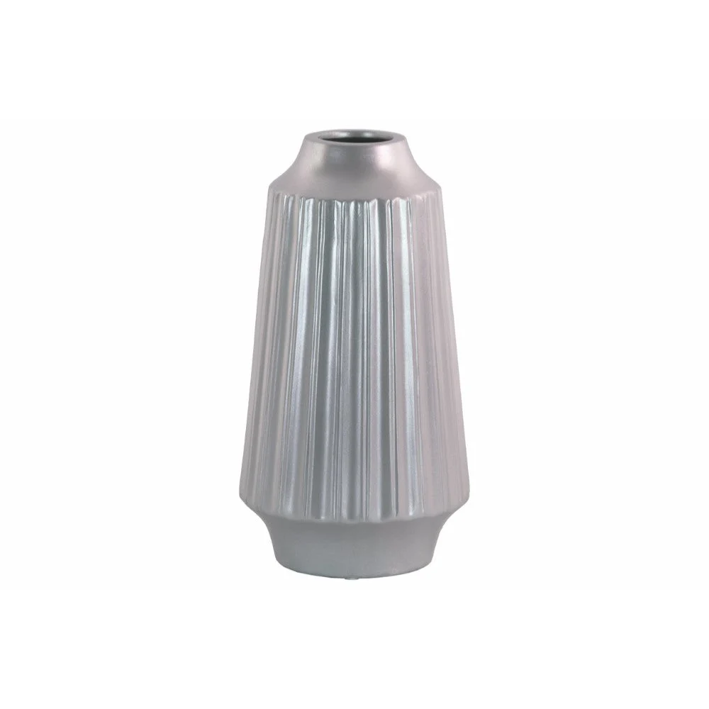 Round Vase with Round Lip Ribbed Design Body Large Silver Benzara