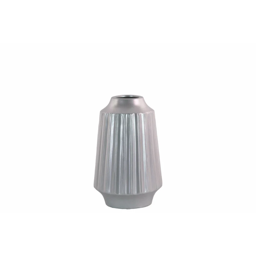 Round Vase with Round Lip Ribbed Design Body Small Silver Benzara
