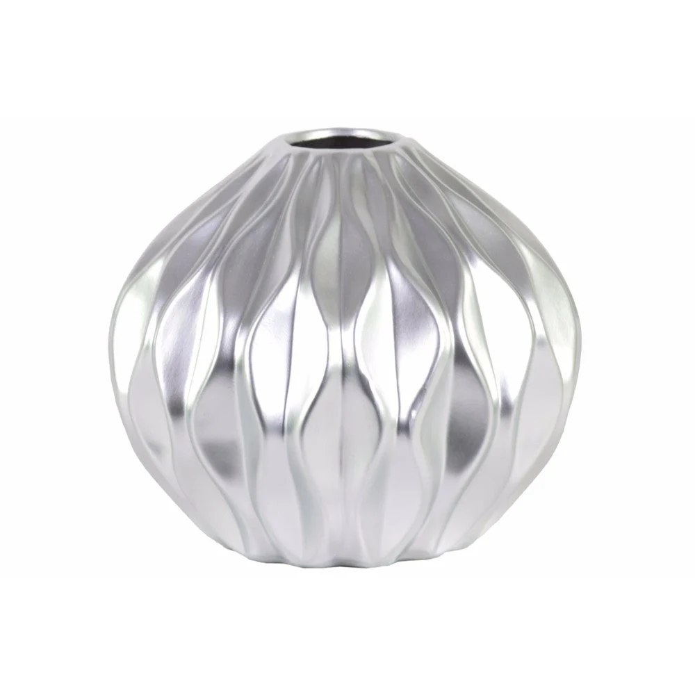 Round Low Vase with Round and Small Lip, Wave Design Silver Benzara