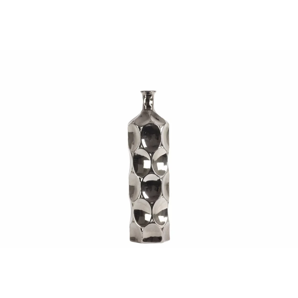 Round Bottle Vase Dimpled Medium Silver Benzara