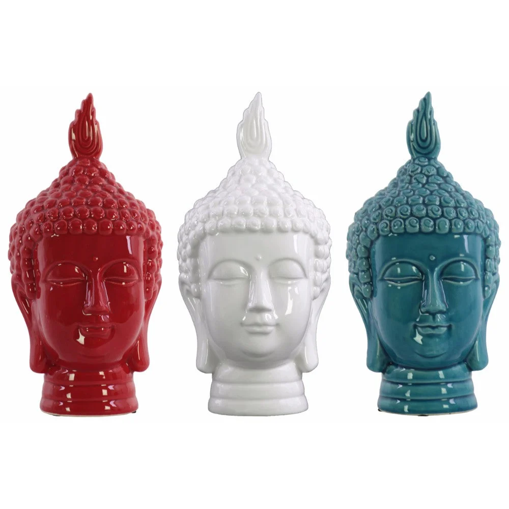 Buddha Head Assortment of Three Gloss Finish Assorted Color Benzara