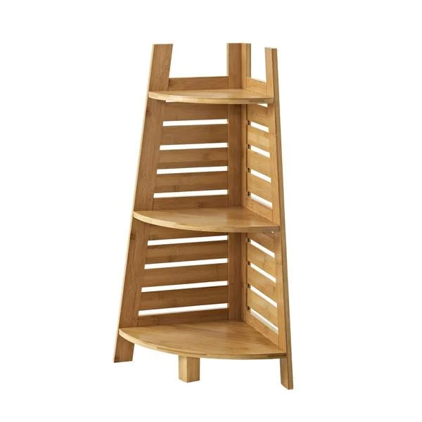 Benzara BM144152 Slated Design 3 Tier Bamboo Corner Shelf with Spacious Storage, Brown