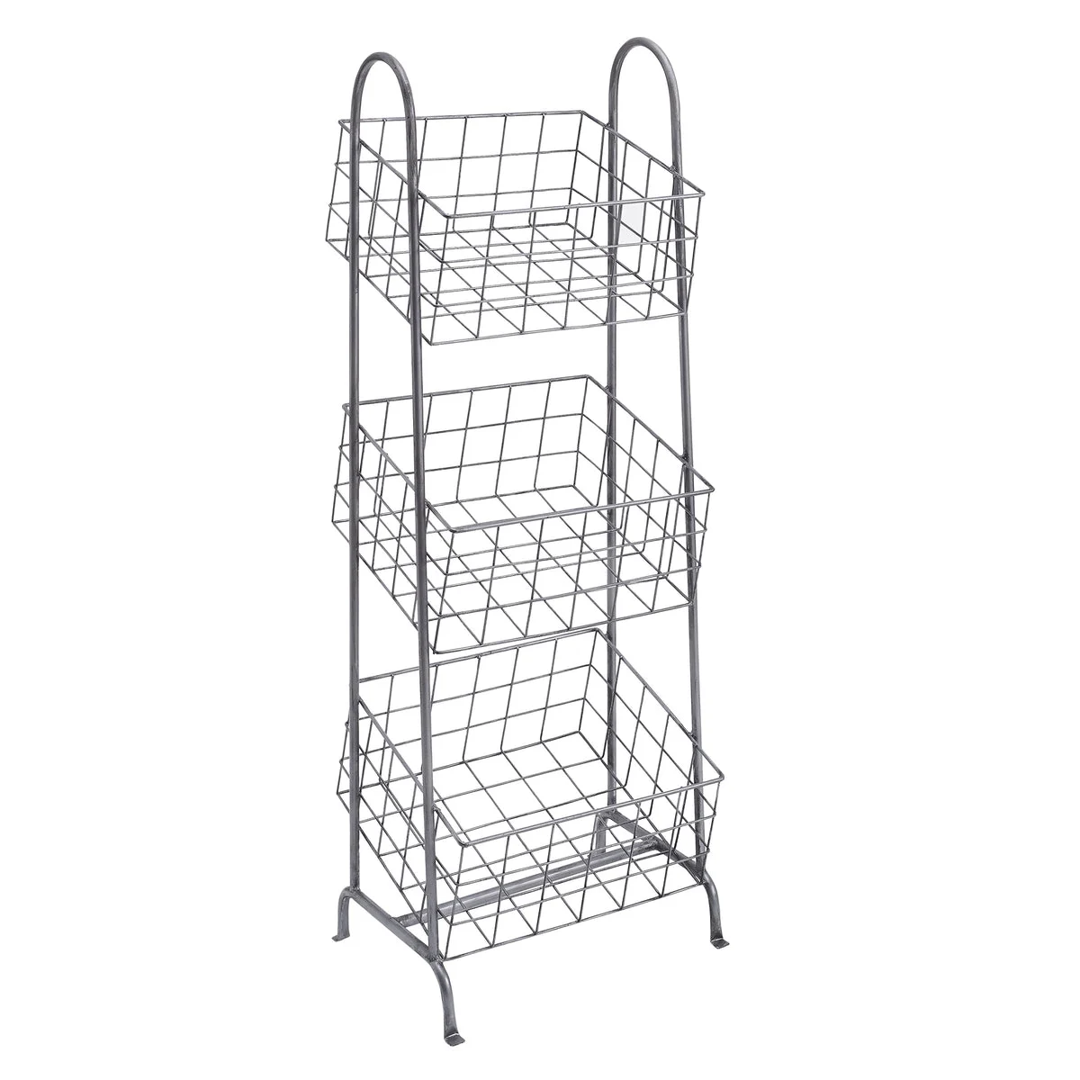 Benzara 3 Tier Grid Design Metal Basket Stand with Tubular Frame, Silver