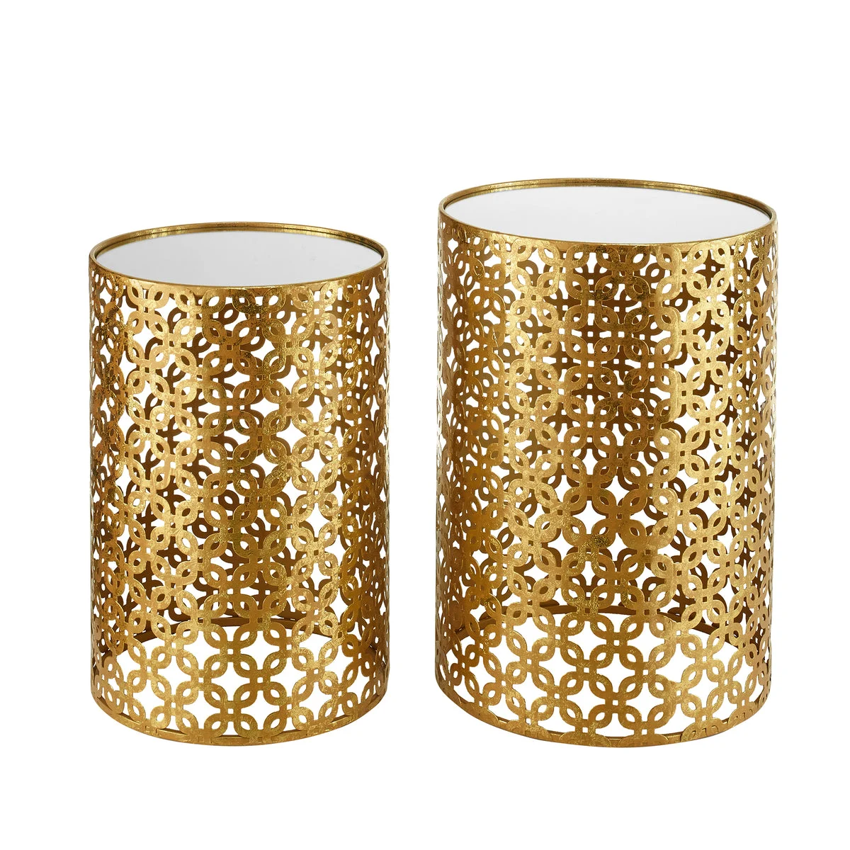 Benzara Pierced Metal Base Nesting Table with Mirror Top, Set of 2, Gold