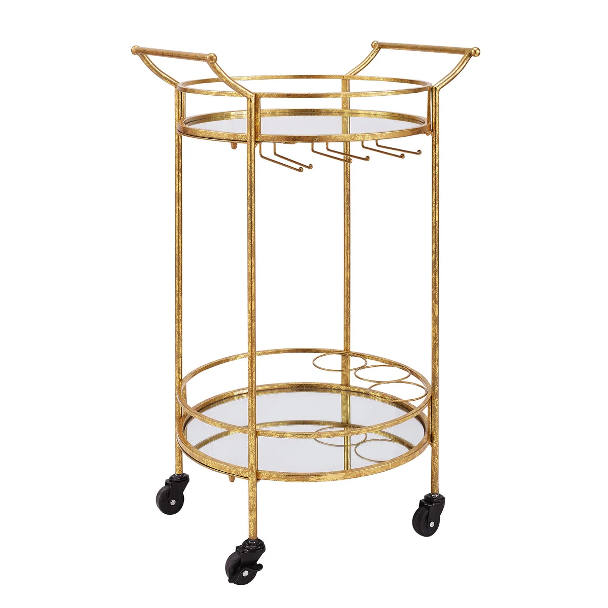 Benzara Transitional Style Round Metal Bar Cart with 2 Mirror Shelves, Gold