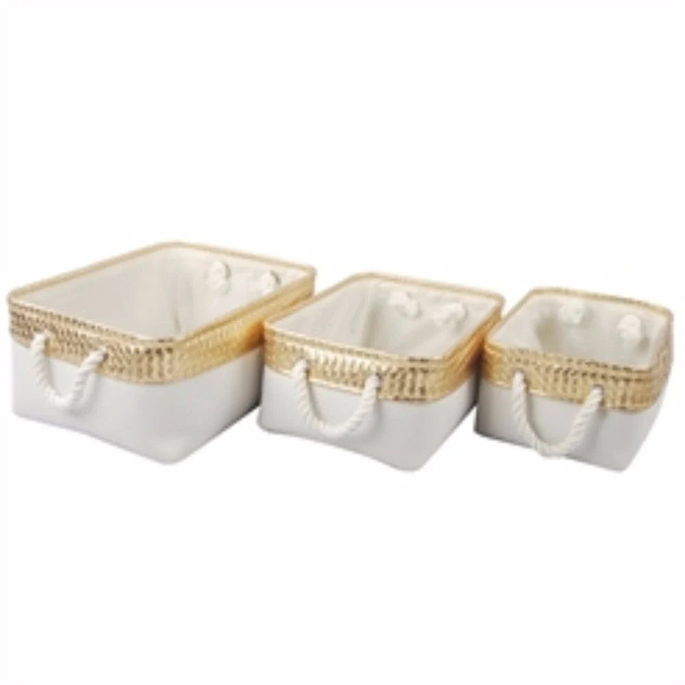 Benzara Burlap Containers, Set of 3, White & Gold