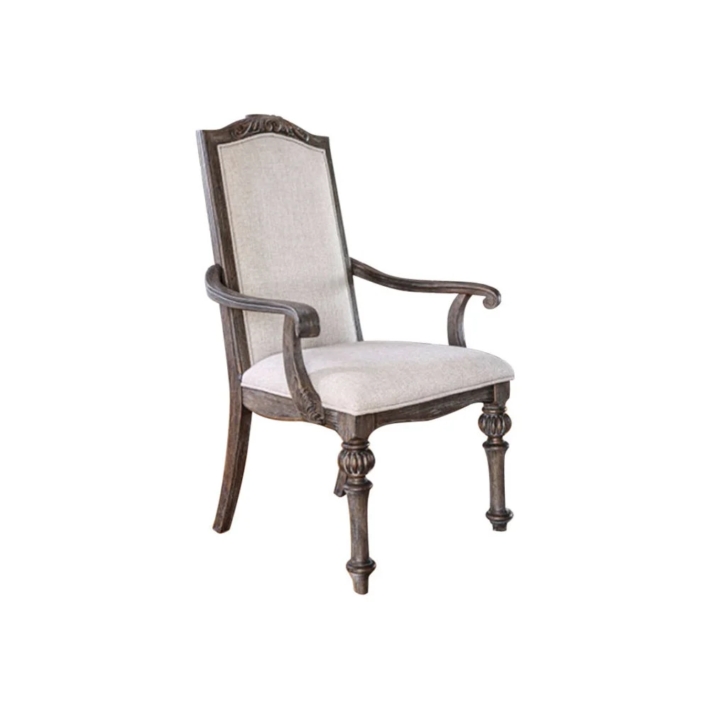 Benzara Wooden Arm Chair with Ivory Fabric Cushion Seat & back, Rustic Brown, Pack of 2
