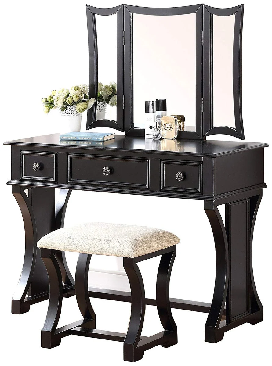 Benzara Modish Vanity Set Featuring Stool and Mirror Black