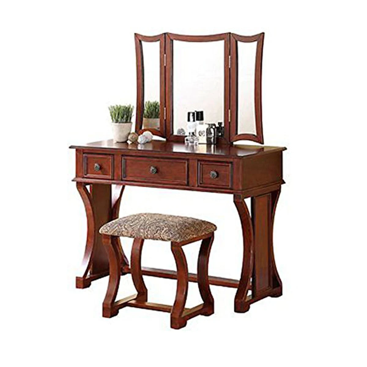 Benzara Modish Vanity Set Featuring Stool and Mirror Cherry Brown