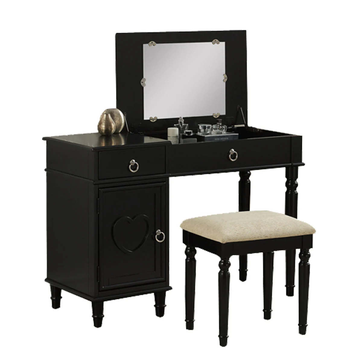 Benzara Seraph Vanity Set Featuring Stool and Mirror Black