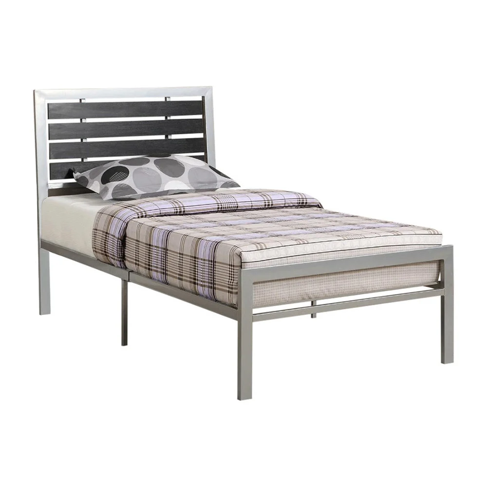 Benzara Chic Wooden Full Bed with Black Wood Panel Headboard, Silver