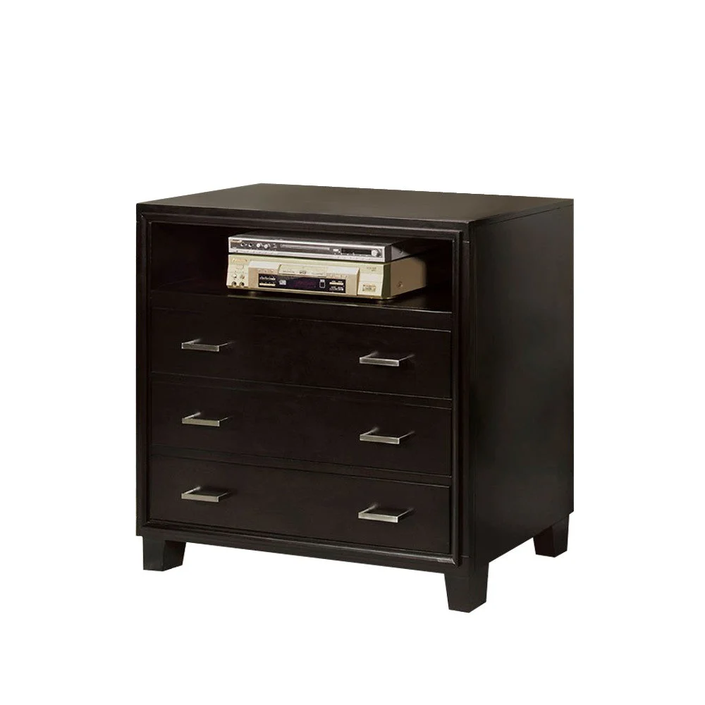 Benzara 3 Drawer and 1 Open Shelved Contemporary Media Chest, Espresso Brown