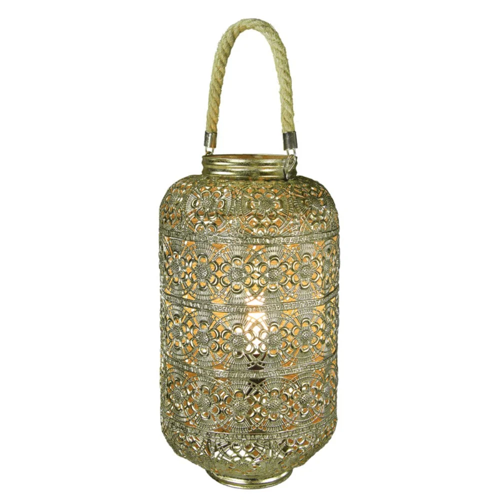 Benzara Dazzling Metal Lantern with Rope Handle, Gold