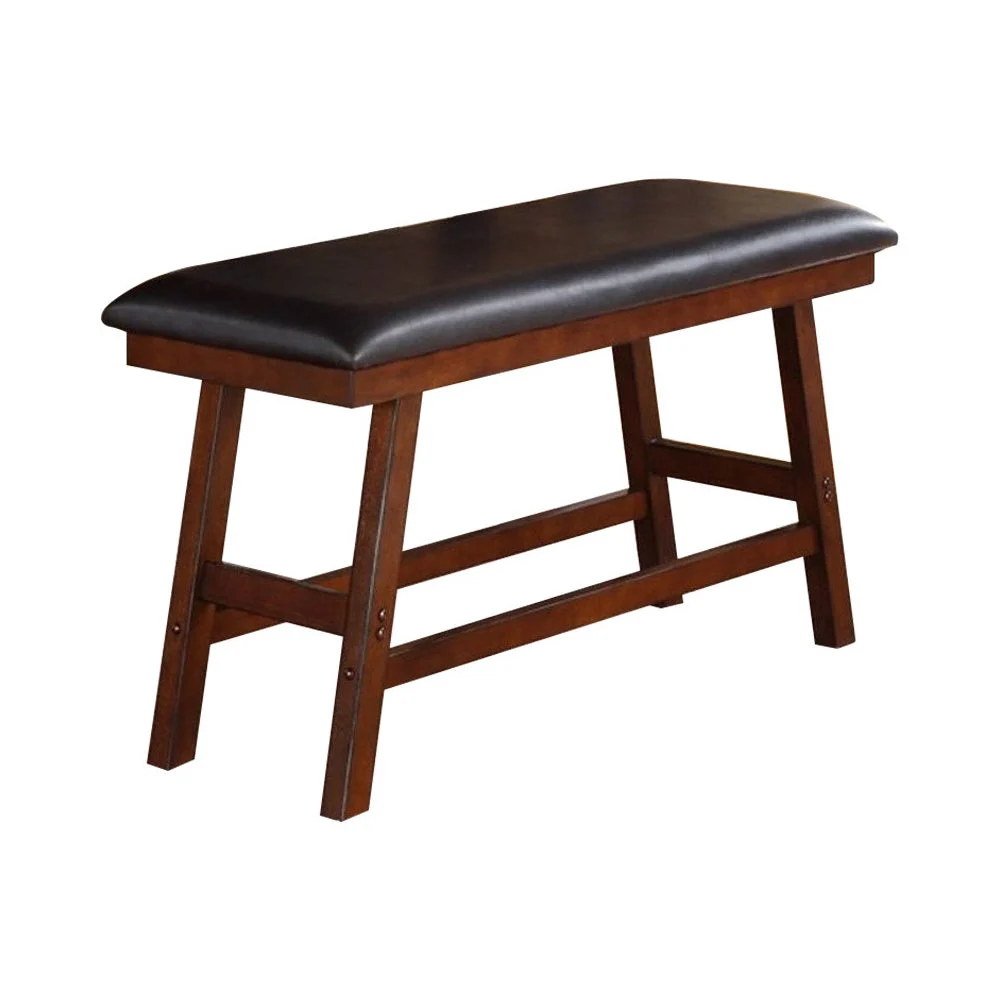 Benzara Rubber Wood Bench with Faux Leather Upholstery Small Brown
