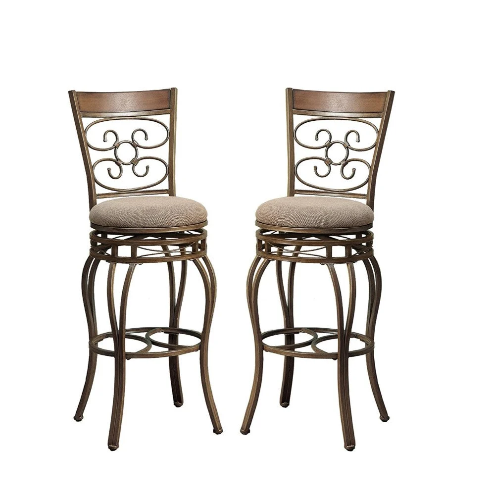 Benzara 29 Inch Metal Swivel Barstool with Cushion Seat, Copper Brown, Set of 2