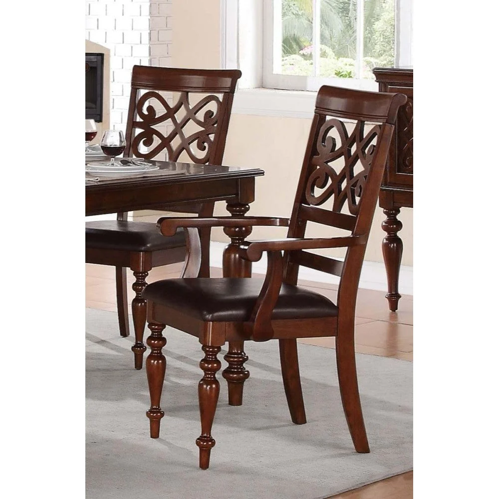 Benzara Wooden Arm Chair with Leatherette Seat , Cherry Brown, Set of 2