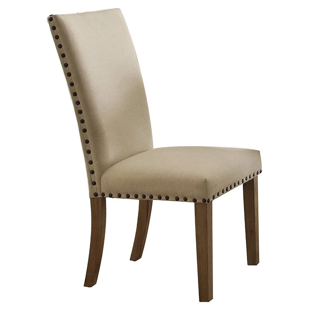 Benzara Wooden Side Chair Upholstered in Fabric with Nail Head Trim, Beige & Brown, Set of 2