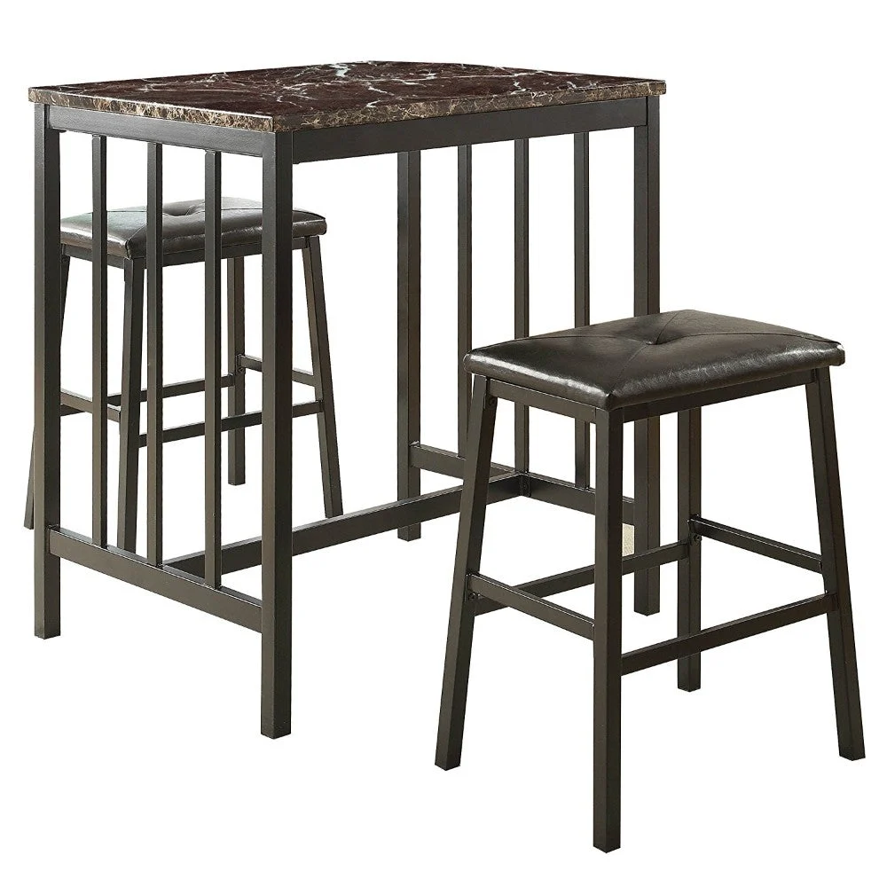 Benzara Contemporary Counter Height Set in Metal, Faux Marble & Leatherette, Black, Set of 3