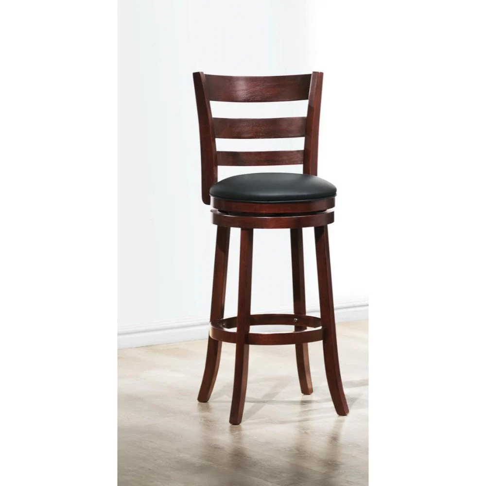 Benzara Swivel Wooden Pub Chair with Slatted Back in Cherry Brown