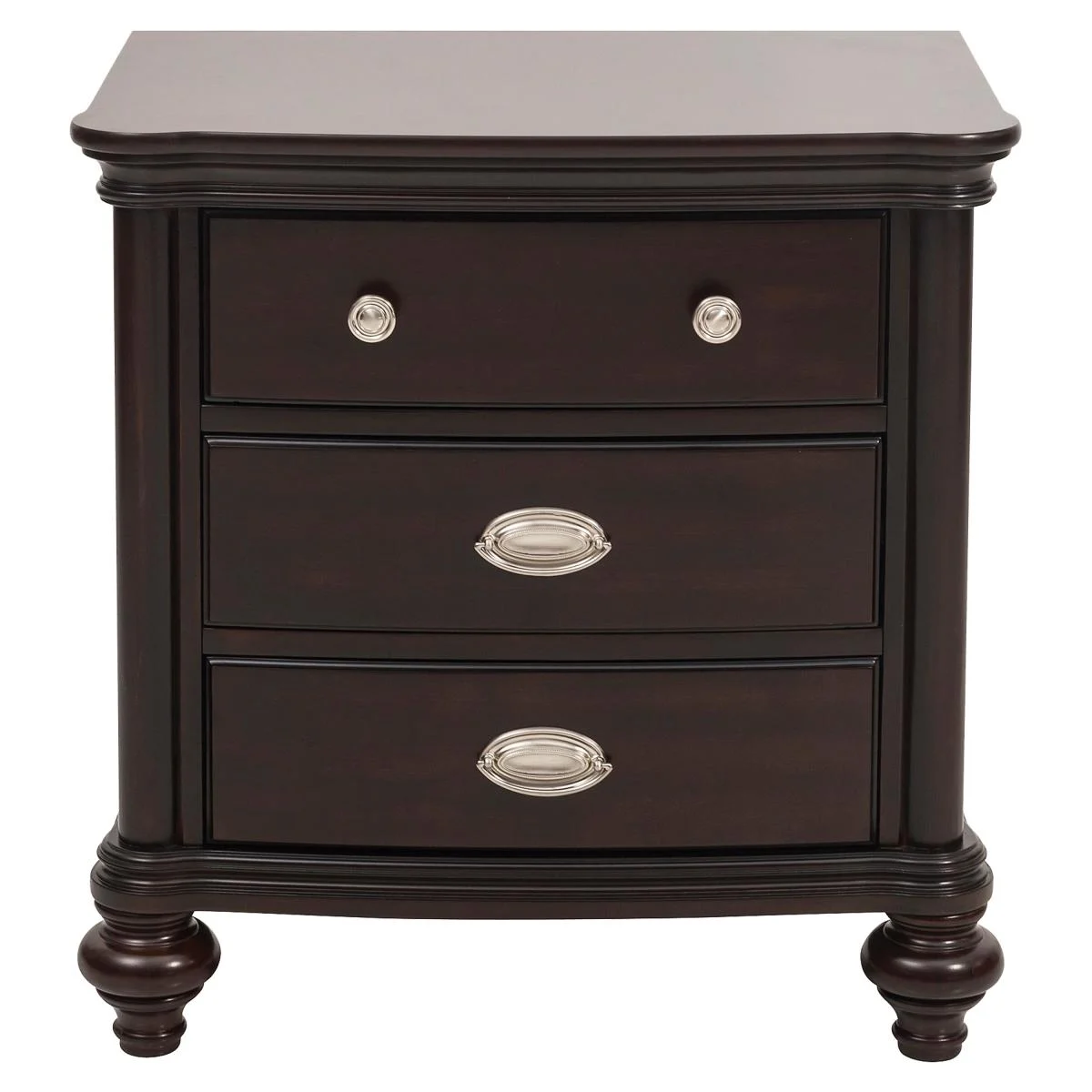 Benzara Wooden Nightstand with Three Drawers in Dark Cherry