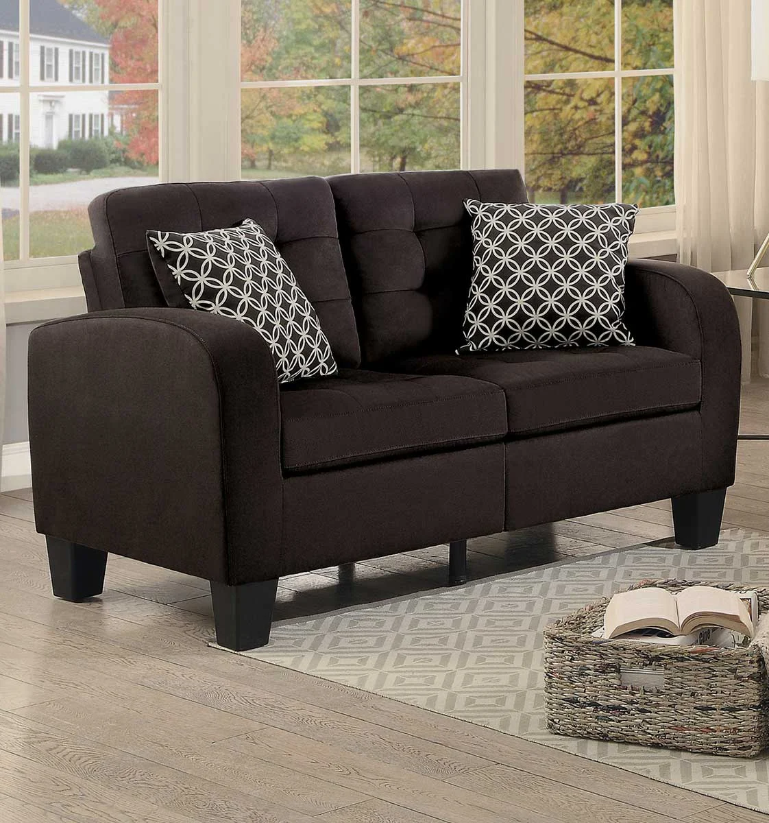 Benzara Contemporary Fabric Love Seat with Tufted Backrest and Seat, Chocolate Brown Finish