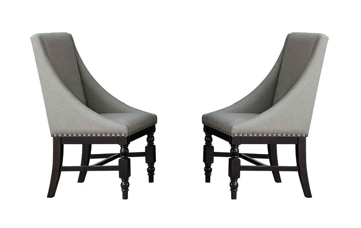 Benzara Wood & Fabric Dining Side Arm Chair with Nail Head Trim, Neutral Grey (Set of 2)