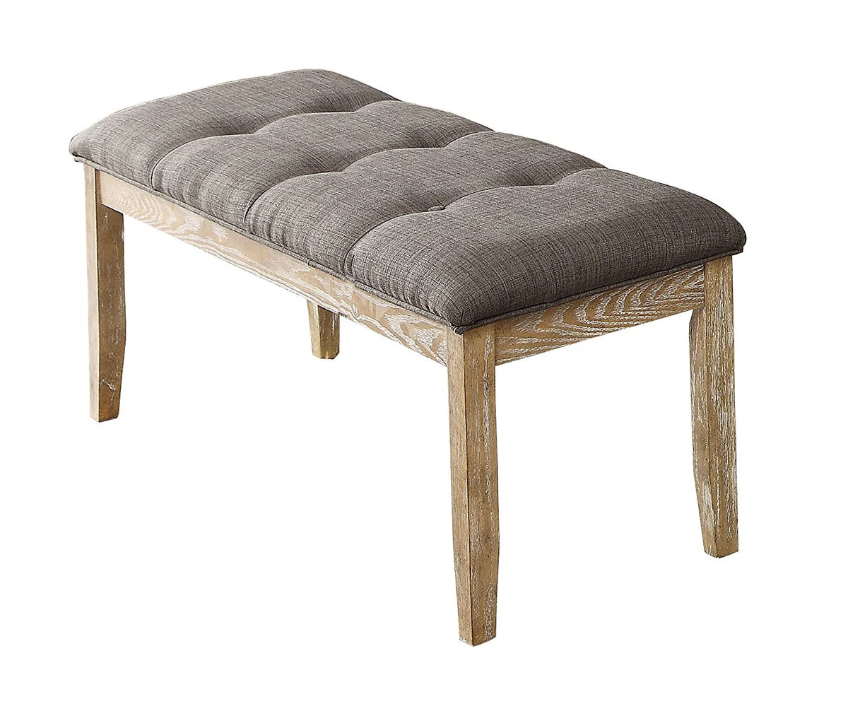 Benzara Wood & Fabric Dining Side Bench with Button Tuft, Weathered Wood & Dark Grey