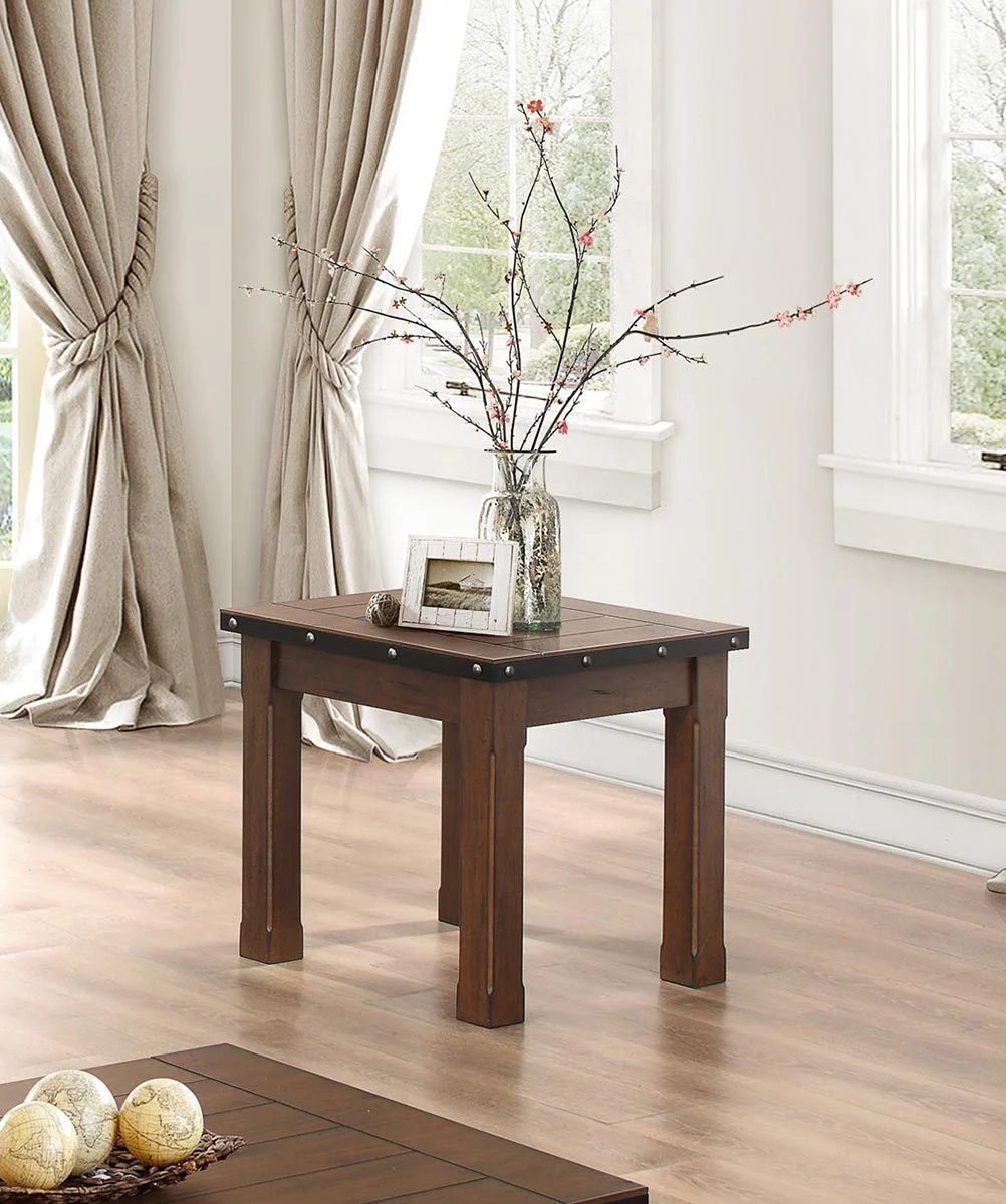 Benzara Wooden End Table with Rivet Banding, Burnished Brown