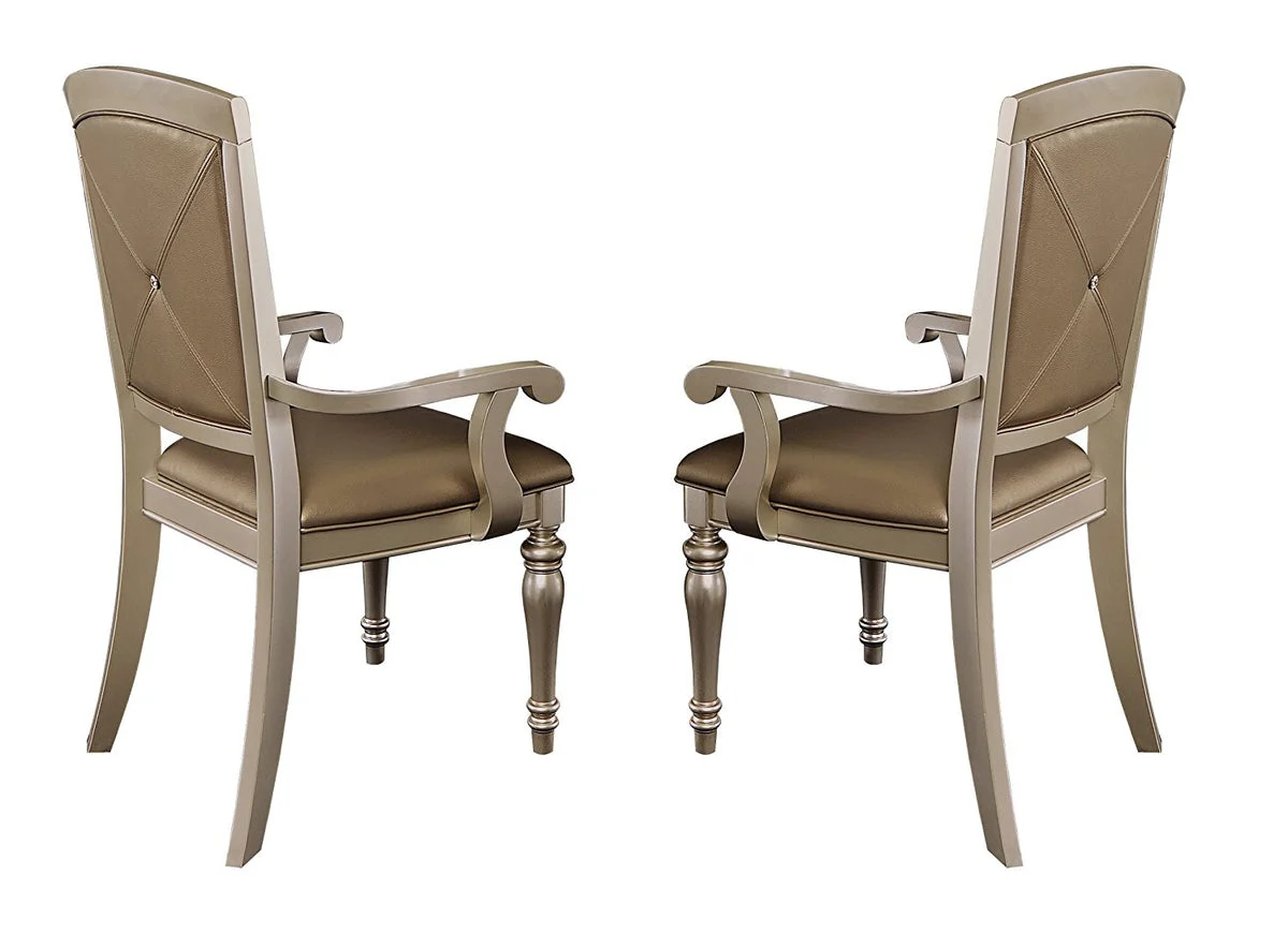 Benzara Wood & leather Dining Side Arm Chair with Crystal Tufting, Silver, Set of 2