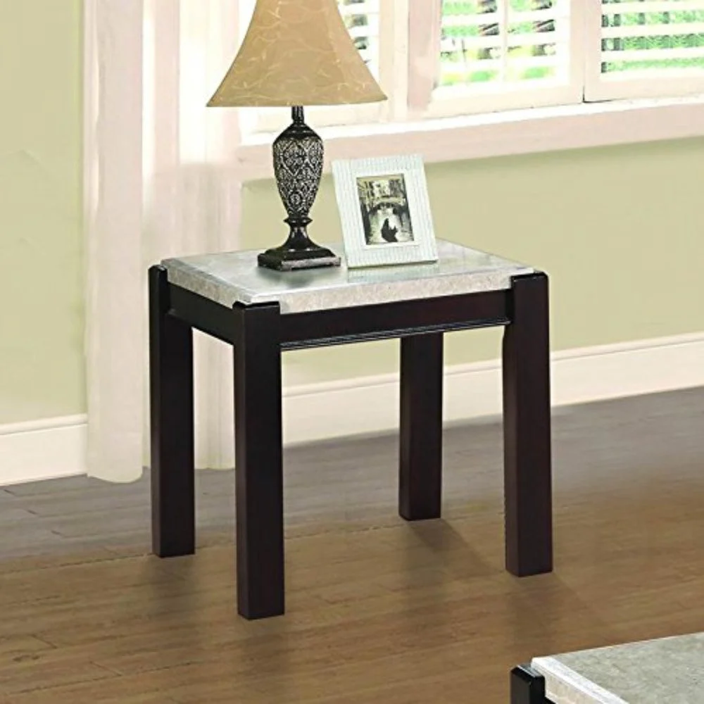 Benzara Wooden End Table with Marble Top, Dark Cherry Brown and White