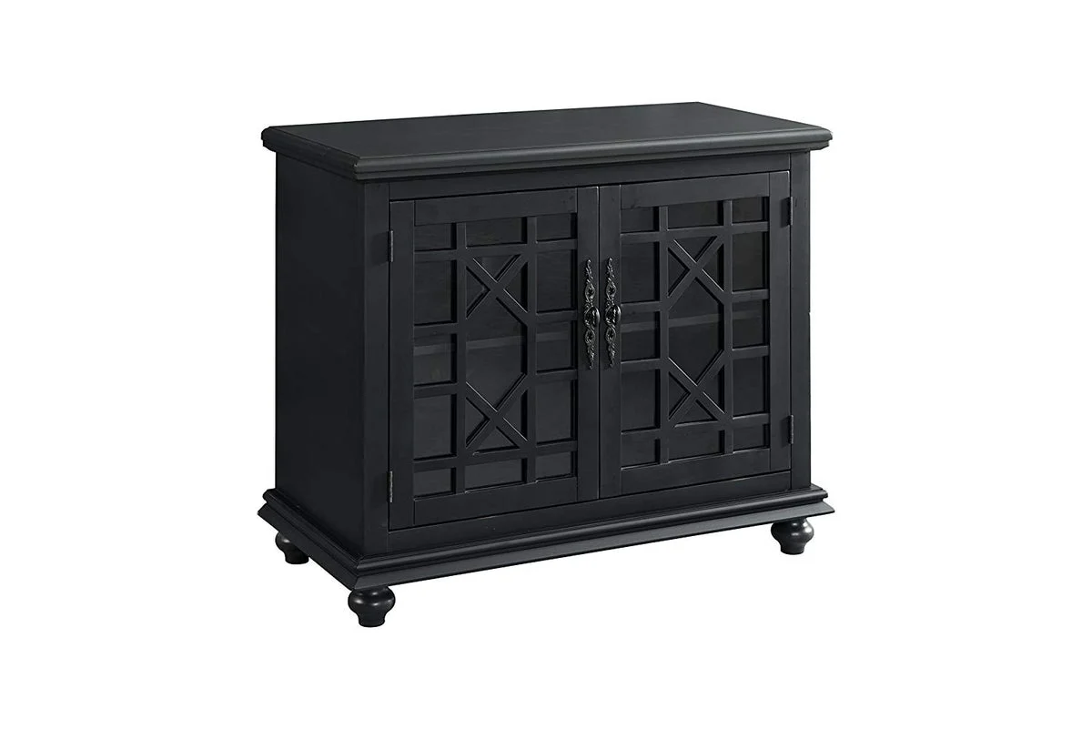Benzara Wooden TV Stand with Trellis Detailed Doors, Antique Black