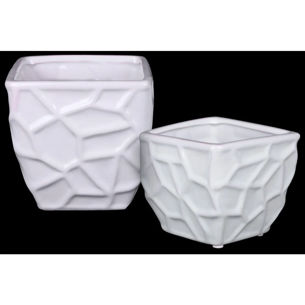 Benzara Ceramic Square Vase with Embossed Irregular Design, Set of 2, White